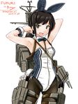  2017 alternate_costume animal_ears armpits arms_up artist_name backpack bag black_hair bow bowtie bunnysuit cannon character_name cowboy_shot dated detached_collar eyebrows_visible_through_hair fake_animal_ears fubuki_(kantai_collection) green_eyes kantai_collection looking_at_viewer low_ponytail machinery open_mouth pantyhose rigging simple_background solo tatsumi_ray thigh_strap torpedo twitter_username white_background wrist_cuffs 