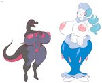  angstrom anthro big_breasts blue_hair blush breasts duo eyes_closed female hair huge_breasts hyper hyper_breasts nintendo nipples open_mouth pink_nose pok&eacute;mon pok&eacute;morph primarina pussy salazzle simple_background smile video_games white_background wide_hips 