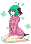 adapted_costume ahoge alternate_costume animal_ears barefoot blush commentary_request full_body green_eyes green_hair highres hitotsuki_nebura kasodani_kyouko long_sleeves looking_at_viewer shirt short_hair shorts sitting smile solo tail touhou white_background 