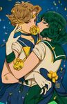  artist_name bishoujo_senshi_sailor_moon blonde_hair blue_choker blue_eyes blue_sailor_collar choker circlet darkgreyclouds flower gloves green_hair kaiou_michiru multiple_girls outer_senshi petals pleated_skirt ribbon rose rose_petals sailor_collar sailor_neptune sailor_senshi sailor_senshi_uniform sailor_uranus short_hair skirt sparkle ten'ou_haruka very_short_hair wavy_hair white_gloves yellow_flower yellow_rose yuri 