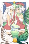  2018 2girls aerie_(bravely_default) artist_name bare_shoulders belt bluestar bravely_default:_fairy&#039;s_effect bravely_default:_flying_fairy bravely_default_(series) breasts brown_legwear christmas commentary_request dress eyewear_on_head fairy fairy_wings from_side fur_trim glasses gloves green_eyes grey_eyes hands_together hat highres long_hair looking_at_viewer merry_christmas multiple_girls open_mouth pointy_ears red_dress red_gloves rinne_(bravely_default) santa_dress santa_hat short_dress short_hair sketch small_breasts smile strapless strapless_dress thigh_strap thighhighs white_hair wings 