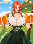  bangs beer dress eyes_closed huge_breasts mug oktoberfest orange_hair 