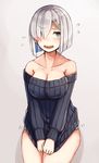  bare_shoulders blue_eyes blush breasts cleavage collarbone commentary_request covering covering_crotch cowboy_shot crying crying_with_eyes_open grey_background hair_ornament hair_over_one_eye hairclip hamakaze_(kantai_collection) highres kantai_collection large_breasts long_sleeves no_pants open_mouth panties plan_(planhaplalan) ribbed_sweater short_hair silver_hair solo sweater tears underwear wavy_mouth white_panties 