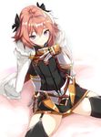  armor astolfo_(fate) bangs black_bow black_legwear blush bow braid cape capelet closed_mouth commentary_request cowboy_shot eyebrows_visible_through_hair fate/apocrypha fate_(series) garter_straps gauntlets hair_between_eyes hair_bow hair_intakes hand_on_own_chest kanameya long_hair looking_at_viewer male_focus multicolored_hair otoko_no_ko pink_hair purple_eyes single_braid sitting smile solo streaked_hair thighhighs white_cape 