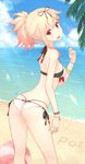  2016 ass back bangs beach bikini black_ribbon blonde_hair blue_sky blush bracelet braid breasts cloud commentary_request dan_(kumadan) dated day flat_ass food from_behind hair_flaps hair_ornament hair_ribbon hairclip highres jewelry kantai_collection licking long_hair looking_at_viewer looking_back md5_mismatch medium_breasts ocean open_mouth outdoors poi ponytail popsicle red_eyes remodel_(kantai_collection) revision ribbon sand side-tie_bikini single_braid sky smile solo strap_gap swimsuit thong thong_bikini tongue tongue_out water white_bikini yuudachi_(kantai_collection) 