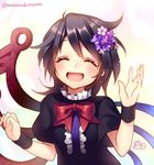  ^_^ asymmetrical_wings black_dress black_hair blush bow closed_eyes commentary_request dress facing_viewer flower gradient gradient_background hair_flower hair_ornament happy highres houjuu_nue masaru.jp open_mouth short_hair short_sleeves simple_background smile solo touhou twitter_username upper_body wings wristband 