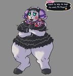  2017 animal_crossing anthro blush caprine digital_media_(artwork) english_text eyeshadow female headband horn lipstick makeup mammal muffy_(animal_crossing) nintendo scarf sheep shy signirsol simple_background smile solo speech_bubble text thick_thighs video_games wide_hips wool 