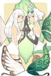  2girls aerie_(bravely_default) ahoge bare_shoulders black_gloves bluestar bravely_default:_fairy&#039;s_effect bravely_default:_flying_fairy bravely_default_(series) breasts brown_legwear commentary_request dress elbow_gloves expressionless eyewear_on_head fairy fairy_wings from_side fur_trim glasses gloves green_eyes grey_eyes hands_together highres long_hair looking_at_viewer multiple_girls pointy_ears rinne_(bravely_default) short_dress short_hair sketch small_breasts strapless strapless_dress thigh_strap thighhighs white_dress white_hair wings 