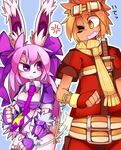  1boy 1girl artist_request brown_eyes brown_hair dog furry long_hair purple_eyes purple_hair slapping 