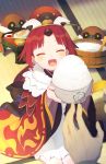  1girl absurdres apron benienma_(fate/grand_order) bird blurry_foreground bowl eyes_closed fate/grand_order fate_(series) food giving highres miitarou ohitsu rice rice_bowl salmon seiza sitting smile sparrow table wide_sleeves 