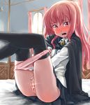  anus black_legwear blush cape embarrassed fingering highres long_hair looking_at_viewer louise_francoise_le_blanc_de_la_valliere masturbation morgan_(adfx01f) panties panty_pull pink_eyes pink_hair pink_panties pussy pussy_juice pussy_juice_stain solo thighhighs uncensored underwear zero_no_tsukaima 