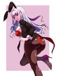  animal_ears ass breasts bunny_ears bunny_girl bunny_tail bunnysuit detached_collar hairband high_heels idolmaster idolmaster_(classic) jacket large_breasts long_hair looking_back matsunami_rumi pantyhose shijou_takane silver_hair solo tail 