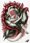  2015 5_fingers anthro black_fur claws digitigrade dragon duo feral fluffy fluffy_tail fur hair mammal natoli nude red_hair smile traditional_media_(artwork) white_fur 