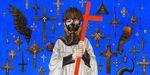  666 apple bangs black_eyes black_hair black_wings celtic_cross chazy cross cross_necklace crucifixion eye_of_providence eyeball fate_(series) fingernails food fruit gas_mask habit hands highres holding horn infinity inverted_cross iron_cross jesus jewelry kotomine_kirei latin_cross long_fingernails long_sleeves male_focus nail_polish necklace one_eye_covered pentagram pitchfork red_nails sharp_fingernails solo star upper_body wings 