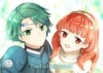  1girl alm_(fire_emblem) armor artist_request celica_(fire_emblem) circlet dress fire_emblem fire_emblem_echoes:_mou_hitori_no_eiyuuou green_eyes green_hair looking_at_viewer pauldrons red_hair short_hair simple_background smile tiara 