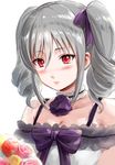  bare_shoulders blurry blush bouquet breasts choker cleavage depth_of_field drill_hair eri_(resia) flower idolmaster idolmaster_cinderella_girls kanzaki_ranko long_hair red_eyes silver_hair sketch small_breasts solo twin_drills twintails white_background 