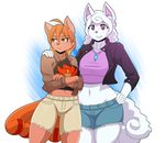  2017 alolan_vulpix anthro anthrofied clothed clothing crossed_arms duo female hair iabelle inner_ear_fluff long_hair midriff multi_tail navel nintendo pok&eacute;mon pok&eacute;morph regional_variant smile video_games vulpix 