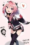  2boys :d androgynous astolfo_(fate) braid character_name dated edward_teach_(fate/grand_order) fang fate/apocrypha fate/grand_order fate_(series) garter_straps heart kamaboko_(ossann0125) long_hair looking_at_viewer male_focus multiple_boys open_mouth otoko_no_ko pink_hair purple_eyes skindentation smile spoken_heart thighs 