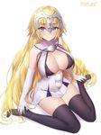  artist_name bikini_top black_legwear blonde_hair blue_eyes blush breasts cleavage cosplay elbow_gloves embarrassed fate/apocrypha fate/grand_order fate_(series) full_body gloves headgear highres jeanne_d'arc_(fate) jeanne_d'arc_(fate)_(all) jeanne_d'arc_alter_santa_lily jeanne_d'arc_alter_santa_lily_(cosplay) large_breasts legs long_hair looking_at_viewer no_shoes shadow simple_background sitting skirt solo thighhighs thighs undersized_clothes very_long_hair wariza white_background white_gloves yaman zettai_ryouiki 