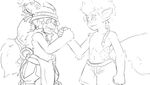  anthro anthrofied arcanine canine canine_humanoid clothed clothing duo eliatrope eye_contact fan_character fist fluffy fluffy_tail freckles furfit greyscale hair humanoid line_art long_hair male mammal monochrome nintendo nommu pok&eacute;mon shorts sketch smile standing topless video_games wakfu 