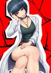  black_hair breasts brown_hair collar collarbone crossed_legs highres jewelry labcoat legs lips looking_at_viewer medium_breasts necklace persona persona_5 ponpo sitting solo studded_collar takemi_tae thighs 