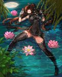  afloat armlet bangs bare_shoulders beads black_dress black_footwear black_legwear blurry breasts brown_hair china_dress chinese_clothes closed_mouth depth_of_field double_bun dress dungeon_and_fighter eyebrows_visible_through_hair eyelashes fighter_(dungeon_and_fighter) flower gem gloves hair_ornament hair_stick highres jewelry lips long_hair looking_at_viewer lotus medium_breasts moon nen_master_(dungeon_and_fighter) panties pebble plant pond qbspdl red_eyes reflection shoes short_dress sidelocks skin_tight sleeveless sleeveless_dress solo spread_legs tassel thighhighs thighlet twintails underwear very_long_hair water wet white_gloves white_panties 