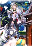  ahoge armor armored_boots bare_tree black_bikini_top black_gloves black_legwear blonde_hair blurry blush boots bow box breasts capelet chimney depth_of_field elbow_gloves eyebrows_visible_through_hair fate/grand_order fate_(series) full_body full_moon gift gift_box gloves hair_bow head_tilt headpiece highres holding icicle jeanne_d'arc_(fate)_(all) jeanne_d'arc_alter_santa_lily long_hair looking_at_viewer medium_breasts moon night night_sky open_mouth outdoors rooftop sack sitting sky snow snowflakes snowing solo striped striped_bow swordsouls thighhighs tree very_long_hair yellow_eyes 