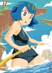  :o bangs bare_arms bare_shoulders black_eyes black_swimsuit blue_hair blue_sky breasts bright_pupils chawalit_adsawawalanon cliff cloud day eyebrows_visible_through_hair eyelashes fishing_rod grass hairband highres holding medium_breasts one-piece_swimsuit open_mouth outdoors palm_tree pokemon pokemon_(game) pokemon_sm school_swimsuit short_hair sky solo standing suiren_(pokemon) swimsuit teeth tree trial_captain wading water 