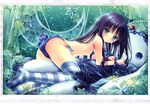  black_hair blue_legwear blue_panties blue_ribbon breasts flower food green_eyes hexagram highres ice_cream long_hair looking_at_viewer nipples no_shoes original panties ribbon side-tie_panties small_breasts solo star striped striped_legwear thighhighs tinker_bell topless underwear underwear_only wrist_ribbon 