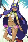  bracelet dark_skin earrings egyptian egyptian_clothes facial_mark fate/grand_order fate_(series) hairband hoop_earrings hyouju_issei jewelry long_hair looking_at_viewer low-tied_long_hair midriff navel nitocris_(fate/grand_order) pelvic_curtain purple_eyes purple_hair shiny shiny_skin sidelocks smile solo very_long_hair weapon 