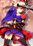  absurdres blue_eyes breasts detached_sleeves earrings fate/grand_order fate_(series) hair_ornament highres japanese_clothes jewelry katana kimono large_breasts looking_at_viewer miyamoto_musashi_(fate/grand_order) obi ponytail sana_hamada sash smile solo sword thighhighs weapon 