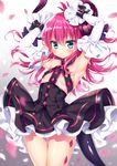  armpits arms_up bangs bare_shoulders blue_eyes blush breasts cowboy_shot detached_sleeves dragon_horns dragon_tail dress elizabeth_bathory_(fate) elizabeth_bathory_(fate)_(all) fate/extra fate/extra_ccc fate_(series) frilled_dress frills gradient gradient_background hair_between_eyes horns long_hair looking_at_viewer mitsuba_choco no_bra petals pink_hair pointy_ears small_breasts smile solo tail wrist_cuffs 