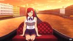  bare_arms bare_shoulders blouse boots bridge earrings erza_scarlet fairy_tail gondola highres jewelry necktie red_hair satyarizqy skirt smile solo sunset water 