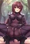  :d ass blurry bodysuit breasts covered_navel depth_of_field eyebrows_visible_through_hair fate/grand_order fate_(series) highres large_breasts long_hair looking_at_viewer mashu_003 open_mouth partially_visible_anus partially_visible_vulva purple_bodysuit purple_hair scathach_(fate)_(all) scathach_(fate/grand_order) smile solo spread_legs squatting translated 