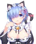  animal_ears areolae bell blue_eyes blue_hair blush breasts cat_ears cat_tail chuor_(chuochuoi) cleavage closed_mouth detached_sleeves hair_ornament hair_over_one_eye hair_ribbon kemonomimi_mode large_breasts looking_at_viewer maid maid_headdress pink_ribbon re:zero_kara_hajimeru_isekai_seikatsu rem_(re:zero) ribbon short_hair simple_background solo tail upper_body white_background x_hair_ornament 