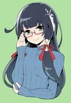  alternate_costume bespectacled black_hair glasses grey_eyes hair_tubes hanauna kantai_collection long_hair looking_at_viewer mizuho_(kantai_collection) red-framed_eyewear ribbed_sweater semi-rimless_eyewear sidelocks simple_background smile solo sweater under-rim_eyewear upper_body very_long_hair 