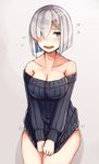  alternate_costume bare_shoulders blue_eyes blush breasts cleavage clothes_tug collarbone covering covering_crotch cowboy_shot crying crying_with_eyes_open grey_background hair_ornament hair_over_one_eye hairclip hamakaze_(kantai_collection) highres kantai_collection large_breasts long_sleeves no_pants off-shoulder_sweater open_mouth panties plan_(planhaplalan) ribbed_sweater short_hair silver_hair solo sweater sweater_tug tears underwear wavy_mouth white_panties 