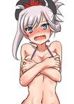  ayuayu_(shouyu_no_sato) bare_shoulders bikini blue_eyes blush breasts covering covering_breasts crossed_arms embarrassed fate/grand_order fate_(series) long_hair looking_at_viewer medium_breasts miyamoto_musashi_(fate/grand_order) navel open_mouth purple_bikini silver_hair simple_background solo swimsuit upper_body white_background 