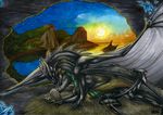  2015 claws day detailed_background dragon duo egg eyes_closed female feral horn licking lying male membranous_wings natoli nude outside smile spines sun tongue tongue_out traditional_media_(artwork) water wings 