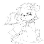  :3 anthro bow caprine clothed clothing cub female fur looking_at_viewer mammal monochrome noriburu sheep simple_background solo standing teapot white_background white_fur young 