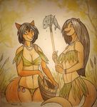  anthro big_breasts breasts canine clothed clothing duo female fish fox grass_skirt mammal marine melee_weapon outside polearm roza_(woadedfox) smile spear standing traditional_media_(artwork) underwear weapon woadedfox 