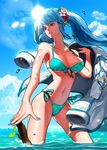  bikini blue_hair blue_nails breasts cleavage collarbone flower front-tie_bikini front-tie_top green_bikini hair_flower hair_ornament jacket jacket_removed long_hair luthica_preventer medium_breasts nail_polish navel ocean red_eyes side-tie_bikini sidelocks solo strap_gap swimsuit sword_girls twintails wading wet yeonong 