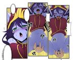  1girl 3koma ahegao bar_censor blue_skin blush bottomless breasts censored empty_eyes eyes_closed fingering from_below green_eyes league_of_legends long_hair lulu_(league_of_legends) moaning naughty_face navel nishino_(waero) open_mouth pointless_censoring pointy_ears purple_hair saliva stomach sweat yordle 