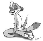  animal_genitalia anthro balls blush crossed_legs cute_fangs digitigrade dripping emenius erection greyscale looking_at_viewer male mammal meerkat mongoose monochrome nude pawpads penis precum sheath signature sitting solo tapering_penis 