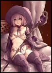  absurdres arm_support bed belt boots bridal_gauntlets cape collar hat highres lavender_hair medium_hair original pasties plump sitting solo staff thigh_boots thighhighs witch_hat yellow_eyes yin-ting_tian 