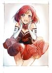  :d bare_shoulders blush breasts choker cleavage dress elbow_gloves fingerless_gloves frilled_dress frills gloves hands_on_own_face image_sample love_live! love_live!_school_idol_project nishikino_maki open_mouth purple_eyes red_hair short_dress short_hair smile solo tibino twitter_sample 