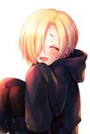  :d ^_^ black_footwear black_legwear blonde_hair blush boots closed_eyes ear_piercing earrings hair_over_one_eye hood hood_down hoodie idolmaster idolmaster_cinderella_girls jewelry open_mouth pantyhose piercing ruku_(ruku_5050) shirasaka_koume short_hair simple_background sitting sleeves_past_fingers sleeves_past_wrists smile solo white_background 