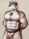 abs anthro belt bulge canine clothing hairy horkeukamui loincloth male mammal muscular muscular_male nipples simple_background solo tokyo_afterschool_summoners wolf 