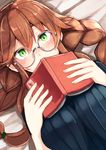  arms_at_sides bangs bed_sheet bespectacled blush book book_focus braid breasts brown_hair cleavage close-up covered_mouth covering_mouth dutch_angle ear_blush eyebrows_visible_through_hair from_above glasses green_eyes hair_between_eyes hair_flaps hands_up holding holding_book kantai_collection large_breasts long_hair looking_at_viewer lying nose_blush noshiro_(kantai_collection) on_back open_book plan_(planhaplalan) ribbed_sweater round_eyewear silver-framed_eyewear solo sweater twin_braids 