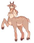  3_fingers antlers breasts brown_hair cervine deer featureless_breasts female green_eyes hair horn long_hair mammal navel nude raikissu smile standing taur 